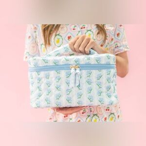 Blue Belle Floral Quilted Cosmetic Bag with Top Handle